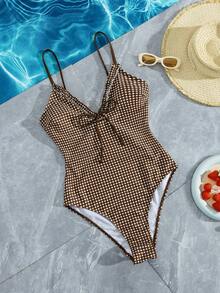 Swim Mod Women's Vacation Beach Casual Patchwork Retro Brown Gingham Print V-Neck + Ruffle Trim Spaghetti Strap One-Piece Open Back Swimsuit, Front Tie Design, Ideal For Sports & Beach, Spring Break & Summer Vacation Season.2026 Swimwear .French Style Swimsuit.Euro Summer Swimsuit.Summeroutfit Swimsuit For Women New Women's Swimwear Cute Swimsuits For Women Bathing Suit For Women Beach Outfit For Gingham One Piece Swimsuit Brown Gingham Swimsuit Ruffle One Piece One Piece Bathing Suits For Women - Multicolor - View 5
