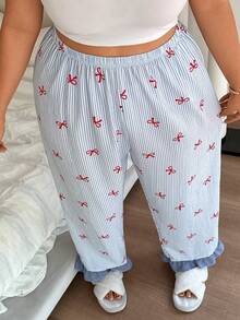 Napfluff CURVE Napfluff CURVE Plusstorlek dampyjamasbyxor med randigt flugmönster och bubbelkrynkling i kontrastfärg, för kvinnor - Blått och Vitt - Visa 6