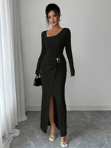 Elenzga Tall Women's Solid Color Asymmetric Collar Long Sleeve Split Hem Dress - Black - View 7