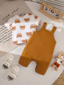 SHEIN 2pcs Newborn Summer Cute Brown And White Polka Dot Set Cartoon Teddy Bear Knitted Fabric Adjustable Straps Family Matching Outfits For Baby Parties - Brown - View 2