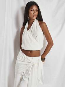 MUSERA 垂褶扭结高领修身弹力下摆上衣，可爱假日性感夜生活度假春夏优雅 Soleil Drape - 杏色 - 查看 2