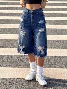 Muchica Quần short denim nữ dáng rộng, có túi, rách gấu, tua rua. - Rửa tối - Xem 4