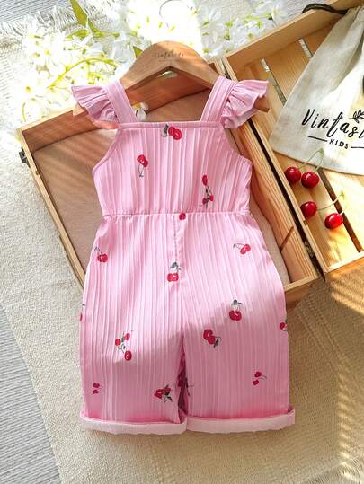 SHEIN Vintaside Kids Baby Girls' Casual Minimalist Cherry Print Ruffle Strap Romper, Beige, Suitable For Daily Wear, Outdoor, Photography, Spring/Summer