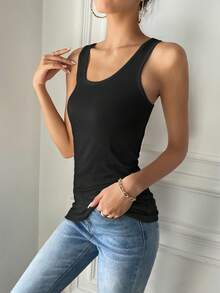 SHEIN Tall Women's Solid Color Minimalist Sleeveless Knit Tank Top, Everyday Wear - Black - View 3