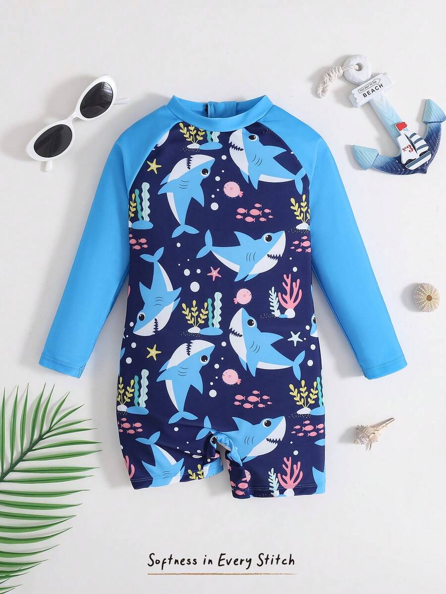 SHEIN 男童休闲街头风印花针织泳装 - 彩色 - 查看 1