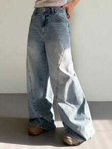 DAZY 女士宽松开衩弧形牛仔牛仔裤，休闲街头风，春夏款 - 藍色 - 查看 6