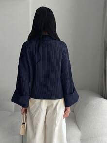 Modelyn Camisa de manga larga de unicolor minimalista para mujer, uso casual de todos los días - Azul Marino - Ver 6