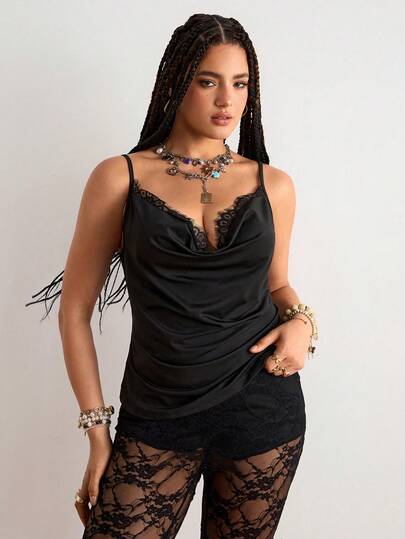 Freevana Áo camisole ren đen cao cấp kiểu bohemian cỡ lớn, cổ chữ V sâu xếp ly, áo croptop ôm sát, trang phục ngoài gợi cảm và thanh lịch cho mùa hè.