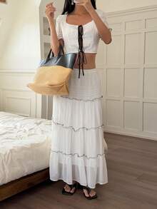 Livesso Bộ 2 món áo dài tay buộc dây phía trước và chân váy midi cho nữ. - trắng - Xem 7