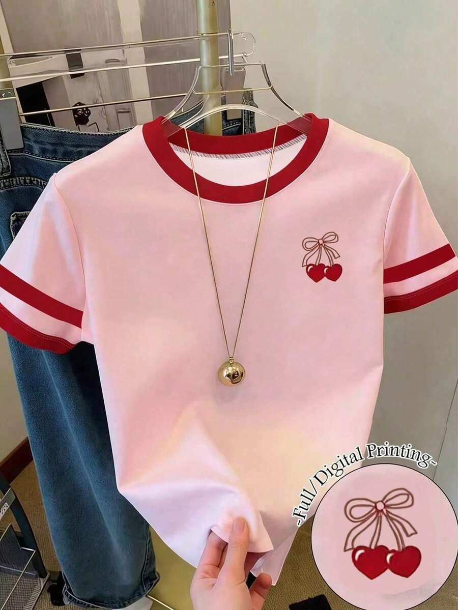 1pc Tween Girl Cute Fitted Short Sleeve Round Neck Butterfly Print T-Shirt, Contrast Color Trim. Adorable T-Shirt, Suitable For Tween Girl - Pink - View 1