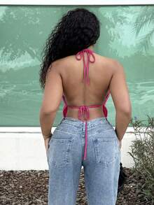 Alexandranx Summer Front Slit, Backless, Knotted Halterneck Black Top Magic Mike - Hot Pink - View 2