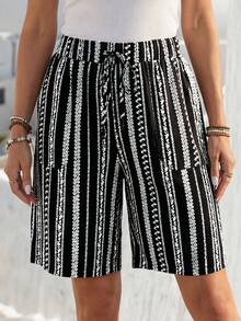 Faunlyn 女士休闲抽绳腰宽松短裤，适合夏季日常穿着 - 黑與白 - 查看 3