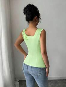 Elenzga 女士优雅缎面无袖不对称蕾丝边吊带衫，适合日常休闲、派对聚会等场合，春夏款 - 綠色 - 查看 2