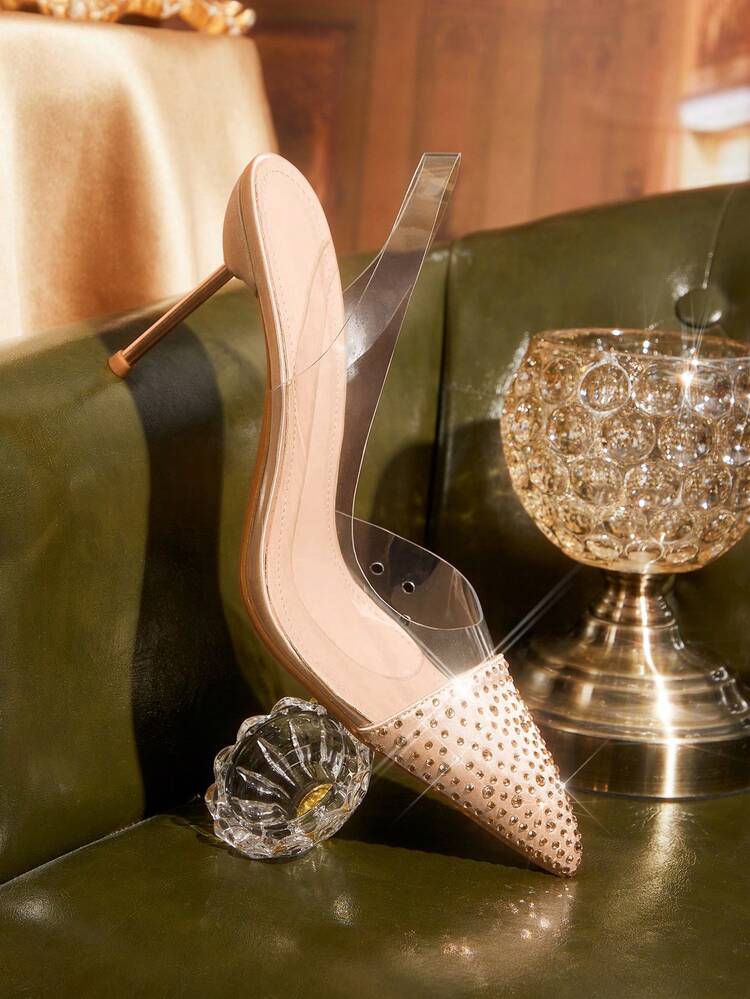 CUCCOO TILAWA Women's Apricot Elegant Pointed Toe High Heel Pumps, Transparent Vamp With Rhinestone Decor Sexy Ankle Strap Stilettos, Charming Party Sexy Ankle Strap Thin High Heel Fashion Pumps, Suitable For Office, Outdoor, Wedding, Banquet, Party, Spring, Easter