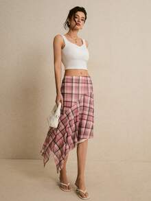 Poéselle 女士时尚休闲通勤度假风印花不对称下摆半身裙 - 珊瑚粉 - 查看 4