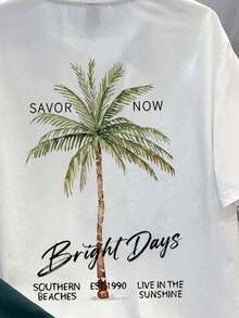 Manfinity Joysei 1. 男士修身白色针织上衣和绿色梭织短裤套装，度假风棕榈树印花T恤套装，适合休闲外出、日常穿着和海滩度假 - 彩色 - 查看 4