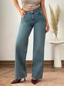 SHEIN Jeans rectos de tiro bajo lavados - Azul lavado medio - Ver 3