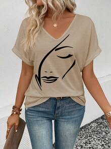 EMERY ROSE New Fashion Casual Versatile V-Neck Printed Short Sleeve T-Shirt For Women - Khaki - View 3