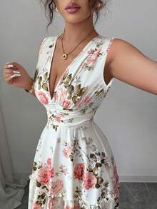 Elenzga Đầm nữ không tay cổ chữ V xếp ly họa tiết hoa nhí, thiết kế lãng mạn kiểu Pháp, thắt eo, tôn dáng, đa năng cho hẹn hò, dự tiệc, phối đồ nhiều lớp, mùa xuân/thu. - Nhiều màu - Xem 7