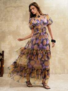 Arave Women's Lightweight Mesh Off-Shoulder V-Neck Ruched Waist Ruffle Hem Puff Sleeve Romantic Floral Design Elegant Date Dress - Purple - View 5