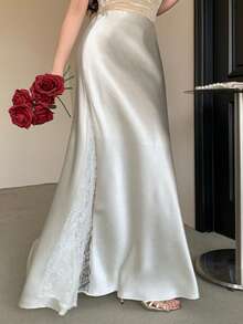 DAZY 女士修身纯色缎面半身裙，春夏款 - 杏色 - 查看 4