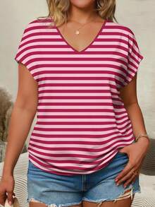 条纹印花V领短袖加大码T恤，加大码女式短袖T恤 - 彩色 - 查看 7
