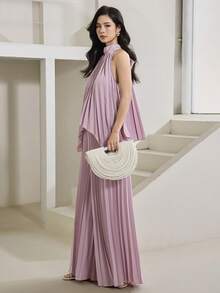 Heiryn 新款法式度假风褶皱系领衬衫+休闲阔腿裤套装 - 藕粉色 - 查看 6