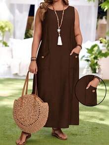 Rosumi Plus Size Solid Color Minimalist Sleeveless Round Neck Dress, Everyday Wear/Summer/Spring/Vacation - Coffee Brown - View 5