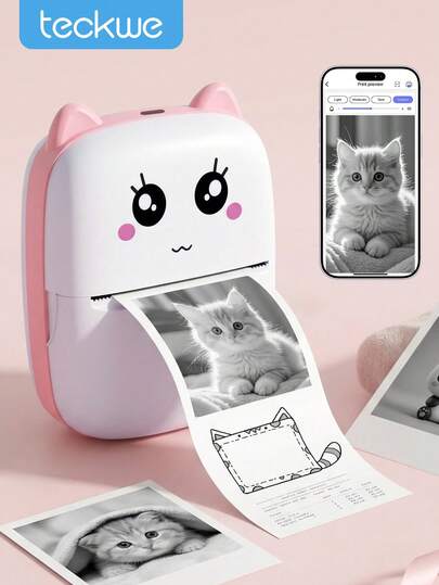 Teckwe Mini Printer, Inkless Sticker Maker, Free Cut Small Pocket Printer, Portable Thermal Printer For Photo Journal Notes Memo,Timy Print App Phone Connection With Thermal Printing Paper For Halloween DIY Decoration, Christmas Gift Back To School