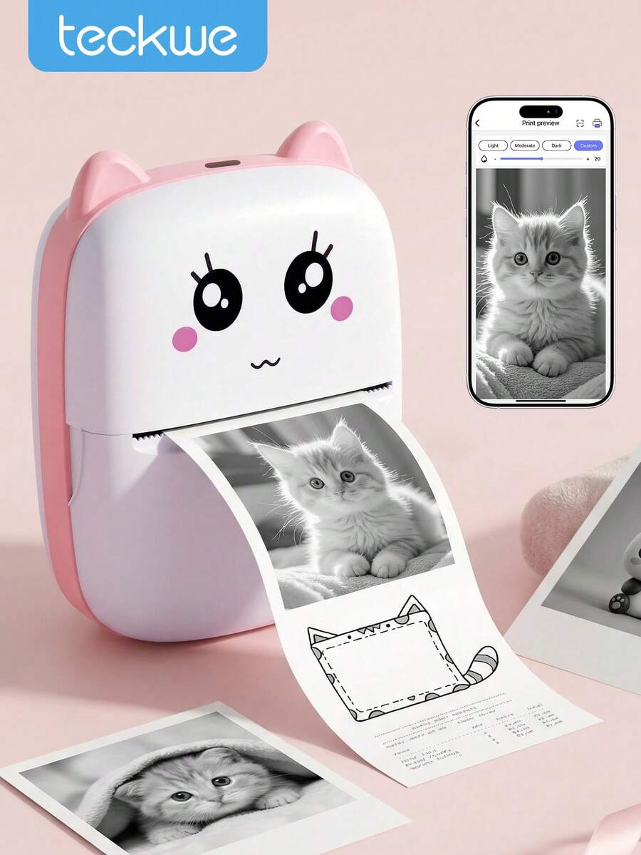 Teckwe Mini stampante, creatore di adesivi senza inchiostro, piccola stampante tascabile senza taglio, stampante termica portatile per foto, diari, note, memo, connessione all'app Timy Print per telefono con carta termica per decorazioni fai-da-te di Ognissanti, regalo di Natale, ritorno a scuola - Rosa - Visualizzare 1