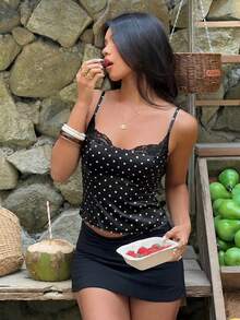 Aloruh 女士性感黑色蕾丝边领黑白波点图案紧身吊带背心 - 黑色 - 查看 7