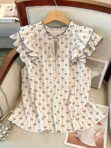 GlowEve CURVE Women's Plus Size Beige Floral Bow Print Blouse,Elegant Summer Tea Party Ruffle Trim Tie Waist Sleeveless Top,Cute Casual Working Outfits Blouses - Apricot - View 3