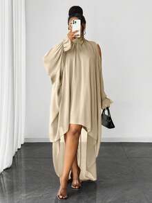 Maweii Vestido de manga larga con dobladillo asimétrico de unicolor talla grande - Albaricoque - Ver 6