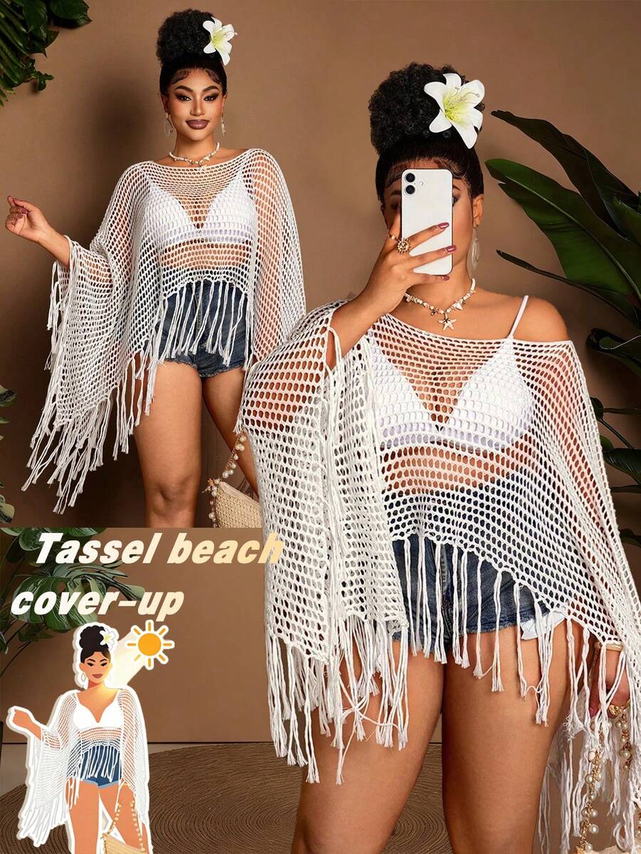 Maweii Áo khoác nữ phong cách Y2K đơn giản, thoải mái, thích hợp cho kỳ nghỉ biển, du lịch, đi làm hàng ngày, đường phố, thời trang đa năng, áo trễ vai tay dài khoét lỗ, áo khoác ngoài phối họa tiết tua rua, áo len dệt kim dáng rộng cỡ lớn, áo khoác tua rua mùa xuân hè cho nữ, áo khoác ngoài đi biển gợi cảm, áo khoác ngoài đồ bơi dệt kim.