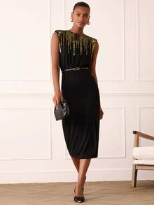 Women's Elegant Sequins Embroidered Mid-Length Dress - Black - View 5