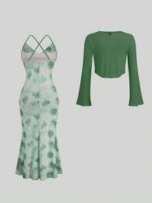 Sweetra Conjunto de 2 piezas de vestido plisado con estampado de teñido anudado y cubrecuerpo de manga larga de unicolor, talla grande y casual romántico - Verde militar - Ver 2