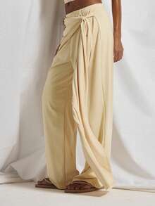 MUSERA Overlayed Ruched Knotted Skirt Wide Leg Flowy Trouser Coord Bottoms Only Cute Holiday Sexy Night Out Vacation Spring Summer Elegant Soleil Drape Beach - Light Yellow - View 3