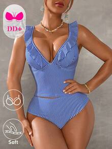 Swim DD+ Women's 26SS Spring/Summer Beach, Women's Striped Print Tankini Set - Blue and White - View 6