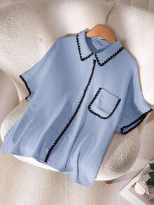 CosyJoli Plus Size Casual Contrast Trim Batwing Sleeve Shirt - Blue - View 5