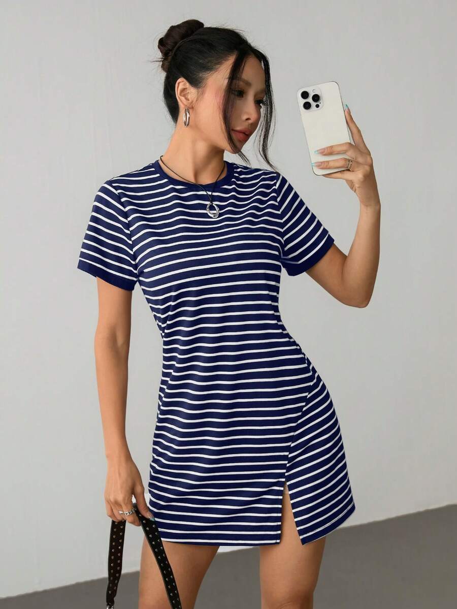 SHEIN PETITE Striped Print Color Block Trim T-Shirt Dress,Summer Dresses For Women - Navy Blue - View 1