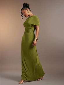 Hauture Women's Sexy High Neck Ruched Maxi Dress With Stylish Ring Decor - Olive Green - View 3