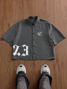 SWAVVY 春夏男士中性翻领单排扣字母印花百搭休闲短袖格子衬衫 - 黑色 - 查看 1