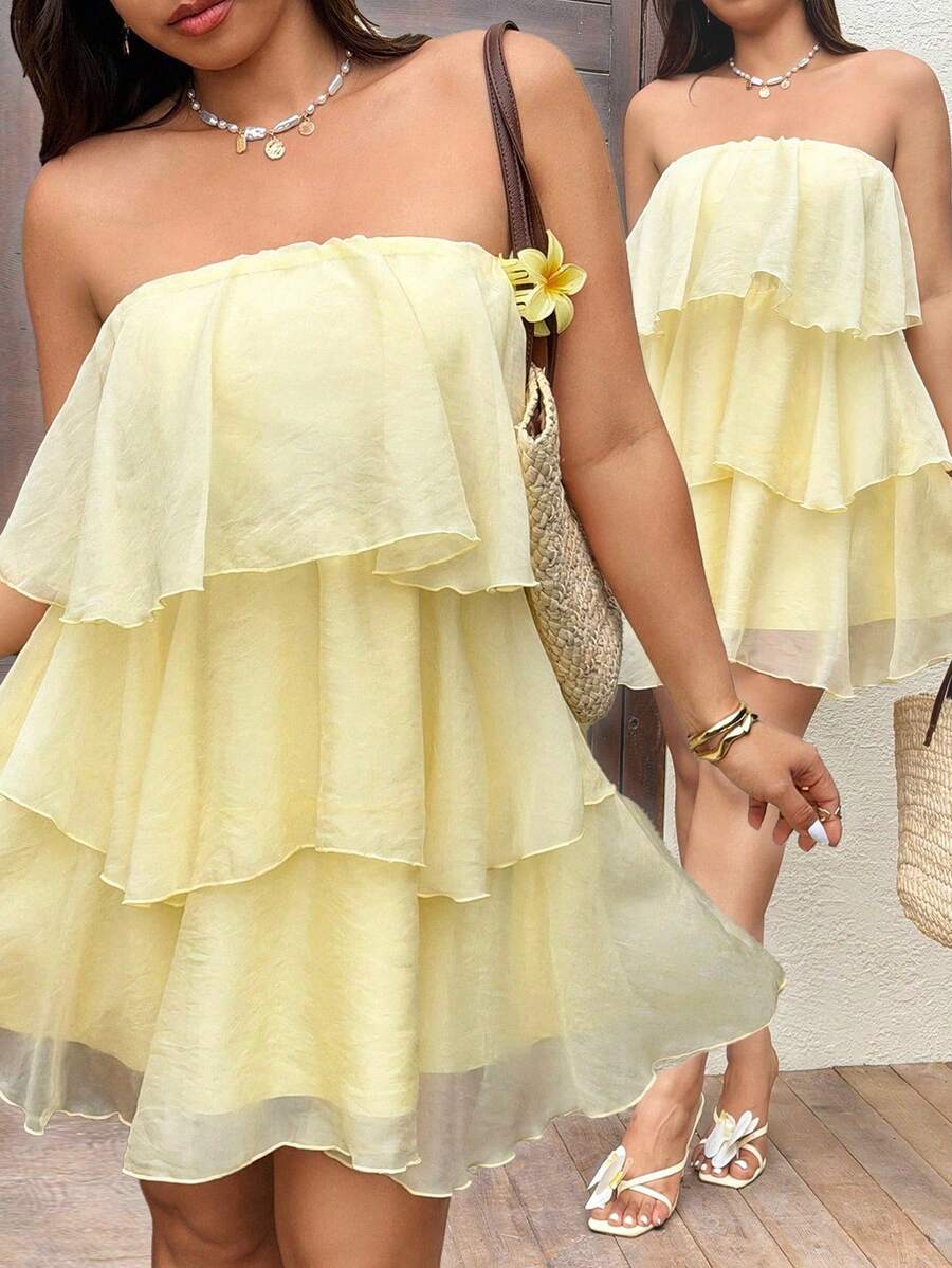 Sunnyshic 大码纯色荷叶边下摆休闲夏季抹胸连衣裙 - 黃色 - 查看 1