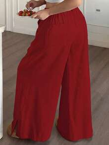 SHEIN PETITE CURVE Pantalones sólidos, casuales, holgados y cómodos - Rojo - Ver 2