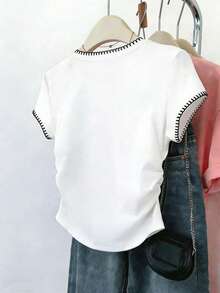 SHEIN Women's Round Neck Short Sleeve Pleated Casual Versatile T-Shirt - White - View 2