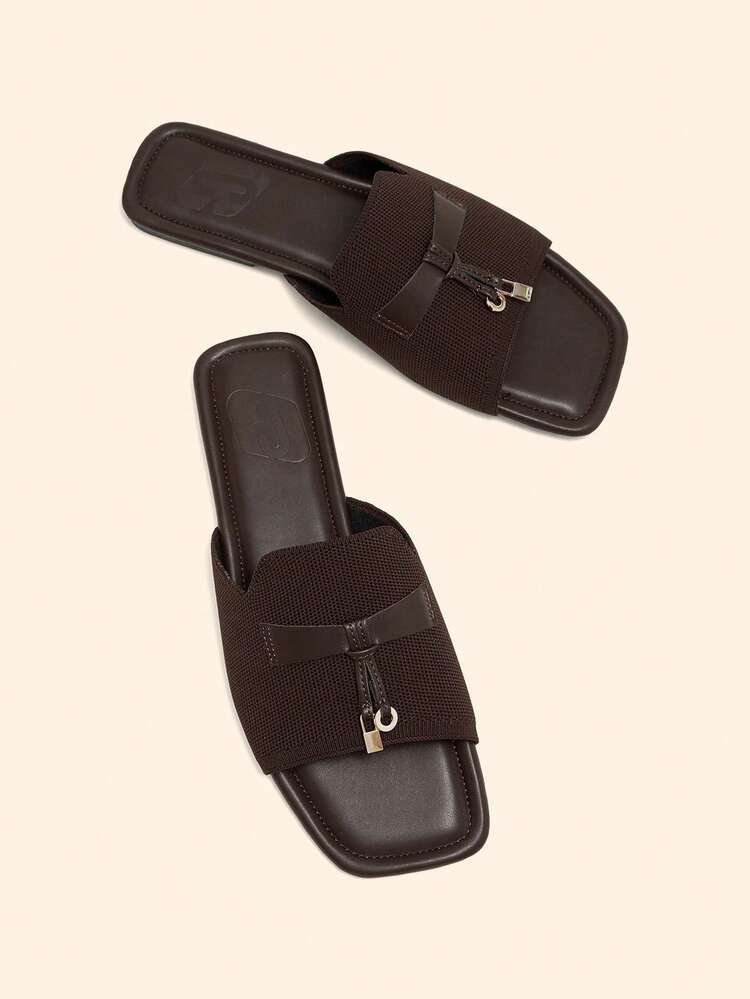 CUCCOO BASICS Women Shoes Square Toe Flat Bottom Brown Knitted Simple Comfortable Breathable Women's Fashion Flat Sandals Slippers Daily Versatile Commuter Women's Slippers Summer Shoes