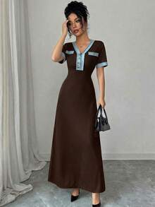 Rafferiza Đầm dài tay cổ chữ V màu đen thanh lịch dành cho nữ, chất liệu vải dệt kim, phối ren. - màu nâu - Xem 3