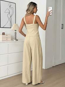 女士纯色吊带背心和阔腿裤休闲两件套情人节服装纯白色背心连衣裙休闲宽松复古风服装白色亚麻裤套装奶油色两件套亚麻两件套套装夏季棉质两件套春季服装，休闲服饰 - 杏色 - 查看 2