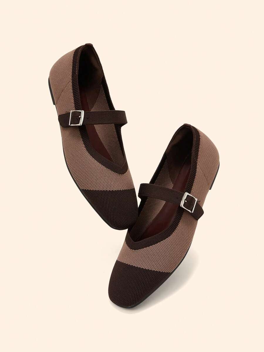 CUCCOO BASICS 女士银色搭扣拼接平底乐福鞋，通勤休闲复古学院风基本款 - 咖啡棕 - 查看 1