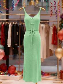 Franclia Neues Vintage elegantes modisches Kleid mit V-Ausschnitt und Kamisol, mit chinesisch inspiriertem Knopf an der Taille und Kordelzug für eine schlanke Silhouette, langes Strickkleid für den Frühling - Minzgrün - Übersicht 4